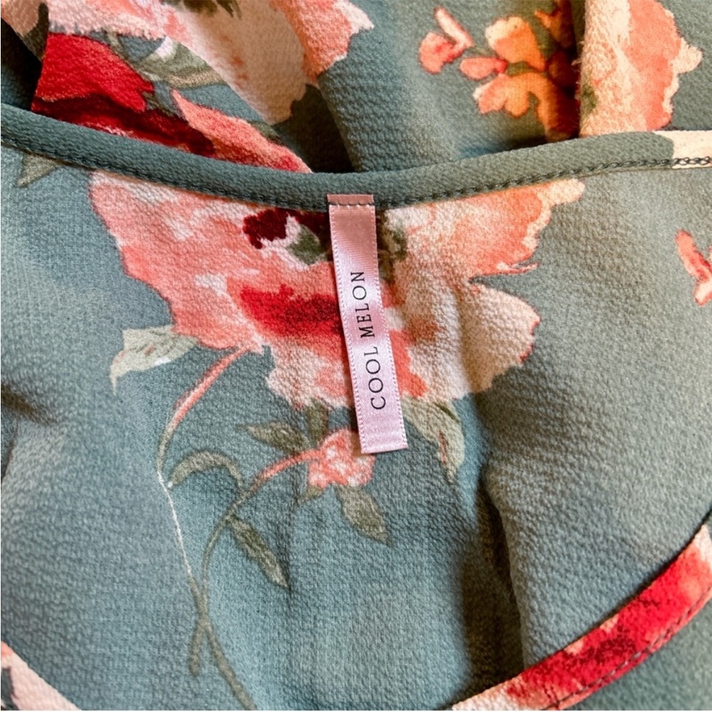 Cool Melon Green Pink & Red Floral Pleated Three-Quarter Puff Sleeve Blouse, 1x - Picture 3 of 7